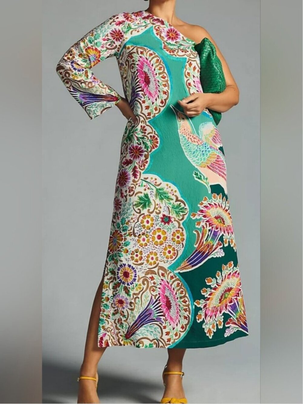 Anthropologie Open Shoulder Midi Colorful Green Bird Floral Print Dress size 12